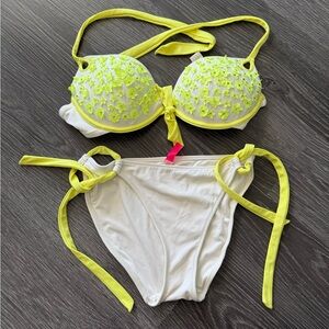 Victoria Secret 2 piece bikini. White-neon yellow. Size 34 D push-up/medium